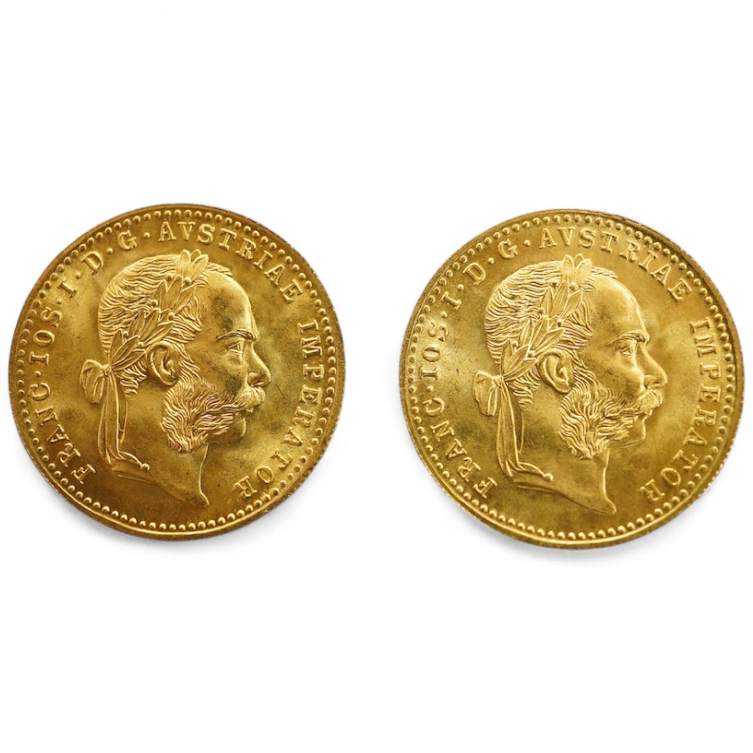 Austro-Hungarian gold coins, two gold 1 ducat coins, 1915 restrike, UNC